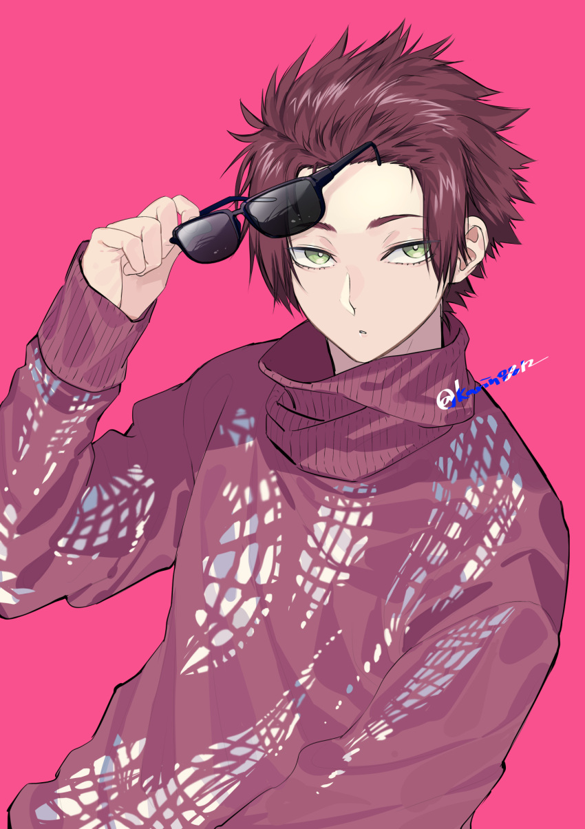 1boy blue_lock cowboy_shot green_eyes hand_up highres holding holding_eyewear itoshi_sae long_sleeves looking_at_viewer male_focus pink_background red_sweater redhead short_hair simple_background sleeves_past_wrists sohu solo standing sunglasses sweater twitter_username