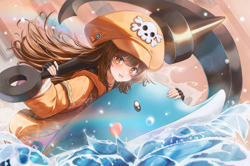 1girl :d anchor black_gloves blush brown_eyes brown_hair cabbie_hat chest_harness cowboy_shot dolphin dot_nose dutch_angle fang fingerless_gloves gloves guilty_gear guilty_gear_strive haires harness hat hat_ornament highres holding holding_anchor hood hoodie jacket long_bangs long_hair looking_at_viewer may_(guilty_gear) open_mouth orange_headwear orange_hoodie orange_jacket orange_shirt pirate pirate_hat rainbow shirt sidelocks skin_fang skull_and_crossbones skull_hat_ornament smile solo water water_drop