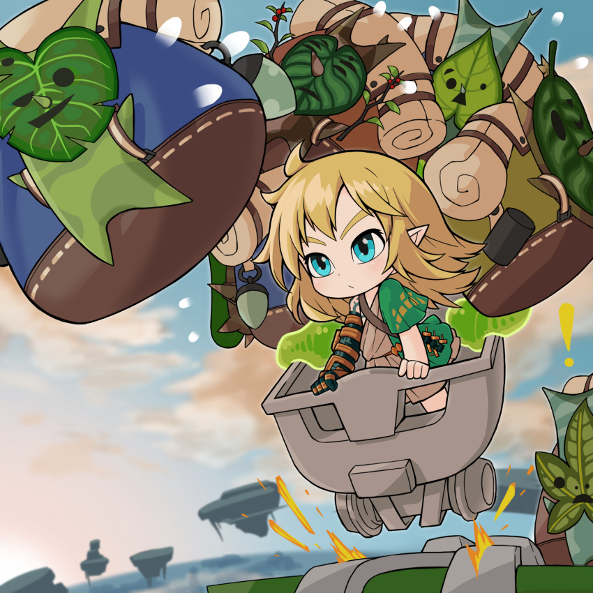 ! 1boy backpack bag blonde_hair blue_eyes blue_sky branch chibi closed_mouth clouds commentary_request day expressionless floating_island full_body gauntlets highres jakomurashi korok leaf link looking_afar medium_hair mine_cart outdoors pointy_ears single_gauntlet sky the_legend_of_zelda the_legend_of_zelda:_tears_of_the_kingdom toga