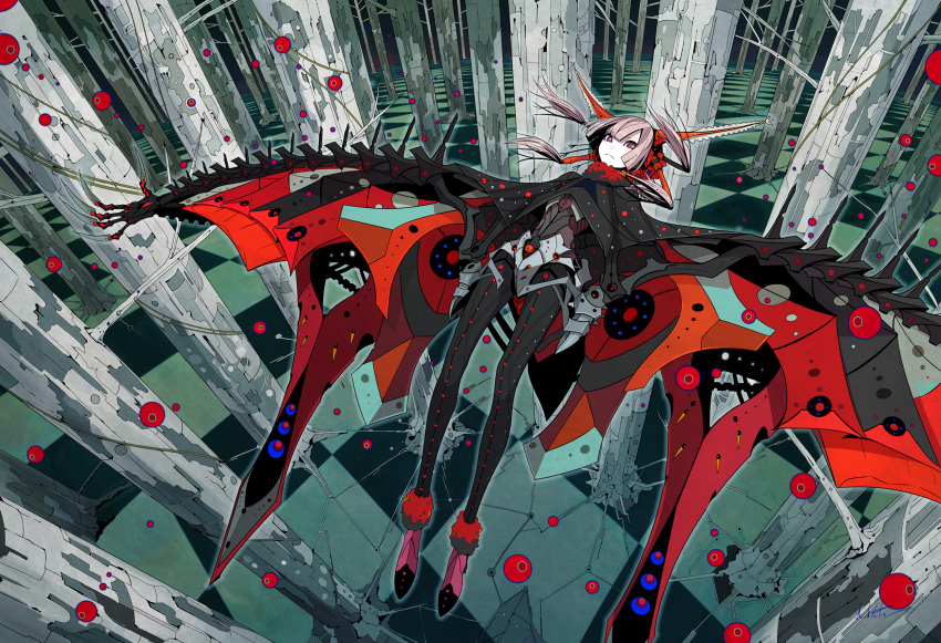 1girl android claws duplicate flying highres mechanical_wings original palow pixel-perfect_duplicate quad_tails red_eyes science_fiction wings