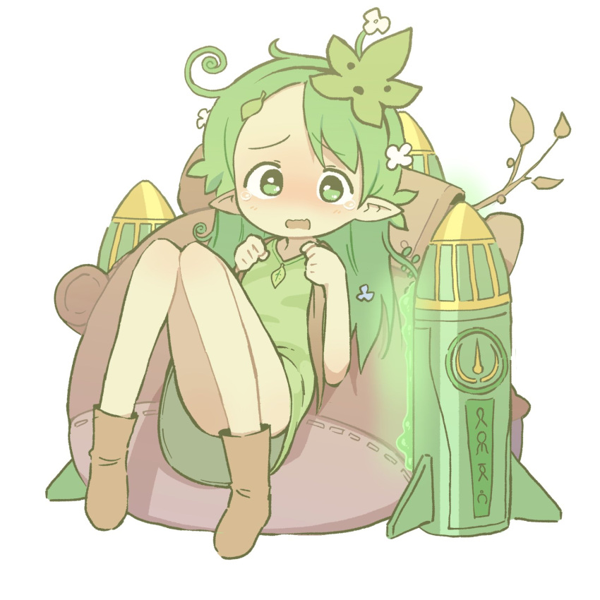 1girl acorn backpack bag boots brown_bag brown_footwear flower full_body furrowed_brow glue green_shirt hair_flower hair_ornament highres holding_strap humanization knees_to_chest korok leaf_hair_ornament looking_at_viewer mask mask_on_head orenji_(wholesomeorenji) outline pointy_ears rocket shirt simple_background solo speech_bubble tearing_up the_legend_of_zelda the_legend_of_zelda:_tears_of_the_kingdom thighs twig wavy_mouth