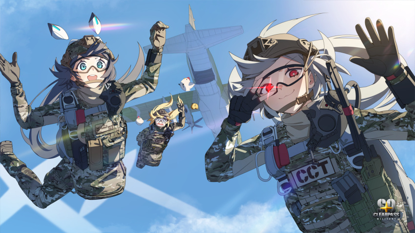 3girls absurdres aircraft airplane behalter bird black_gloves blonde_hair commentary_request day djmax djmax_respect flying full_body gloves green_eyes grey_hair hat highres long_sleeves looking_at_viewer military military_hat military_uniform multiple_girls open_mouth outdoors red_eyes scared sky smile teeth uniform upper_teeth_only