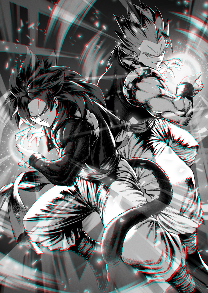 2boys body_fur closed_mouth commentary_request dragon_ball dragon_ball_gt dragon_ball_z energy_ball gogeta greyscale highres long_hair looking_at_viewer male_focus monkey_tail monochrome mugetsu2501 multiple_boys muscular muscular_male pants smile super_saiyan super_saiyan_4 tail