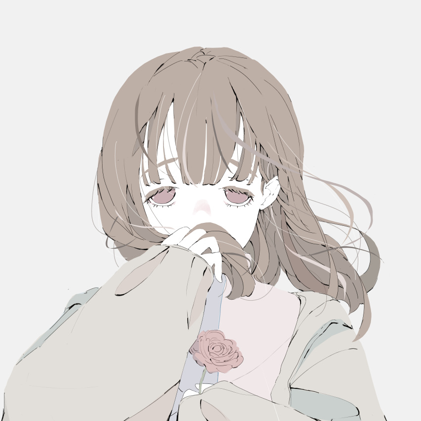 1girl absurdres brown_hair choppy_bangs covering_mouth flower grey_background grey_jacket highres holding holding_flower holding_hair jacket long_bangs long_hair long_sleeves looking_at_viewer no_pupils nocopyrightgirl open_clothes open_jacket original pale_skin red_eyes red_flower red_rose rose sidelocks simple_background solo straight-on tareme upper_body