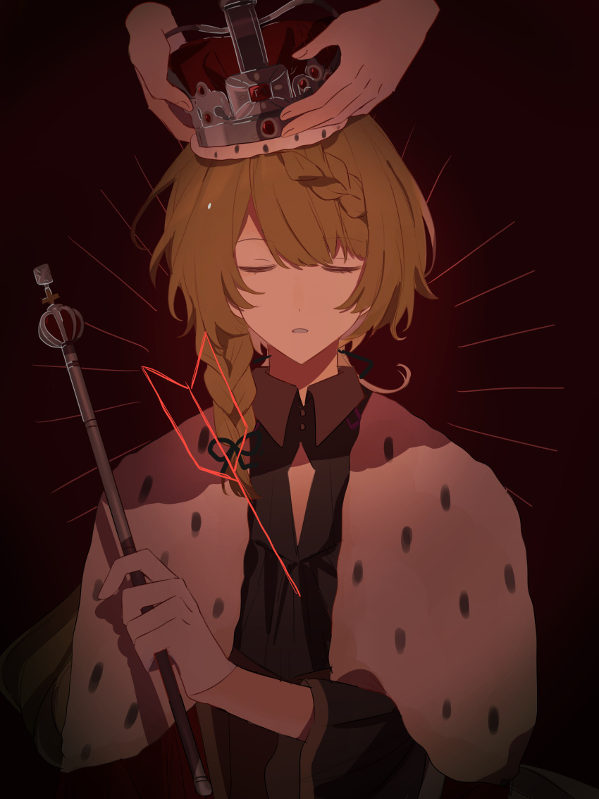 1boy 1other absurdres androgynous black_background black_shirt braid capelet closed_eyes crown crown_braid dahut_(shuuen_no_virche) disembodied_limb green_hair highres king long_sleeves low_ponytail male_focus red_background shirt shuuen_no_virche side_braid spoilers w047