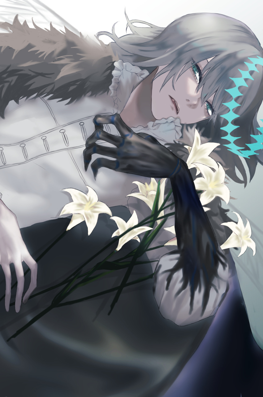 1boy absurdres arthropod_boy blue_eyes cloak collared_shirt crown diamond_hairband dragonfly_wings fate/grand_order fate_(series) flower fur-trimmed_cloak fur_trim grey_hair highres insect_wings looking_at_viewer male_focus medium_hair oberon_(fate) oberon_(third_ascension)_(fate) oowoo0818 shirt simple_background solo upper_body white_background white_flower white_shirt wings