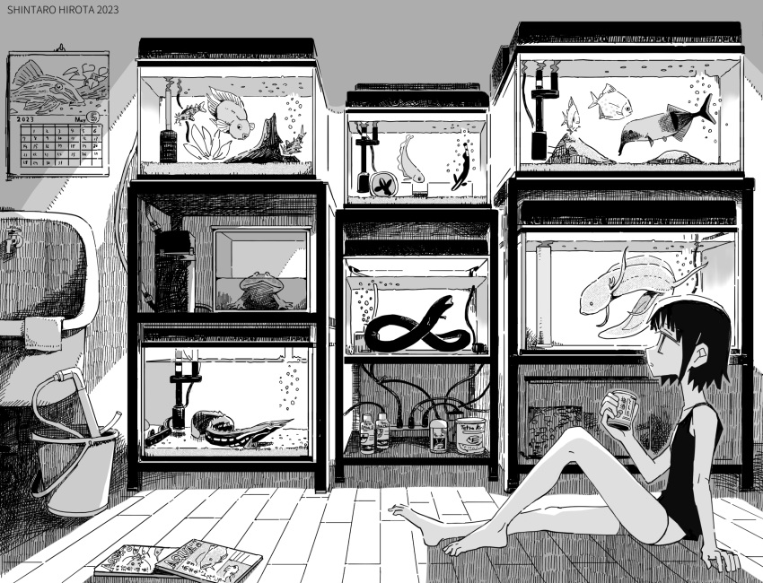1girl aquarium aremoyou arm_support artist_name black_hair black_shirt bottle bucket calendar_(object) commentary dated english_commentary fish frog highres holding holding_bottle hose indoors knee_up magazine_(object) monochrome on_floor original profile shirt short_hair sitting solo wire