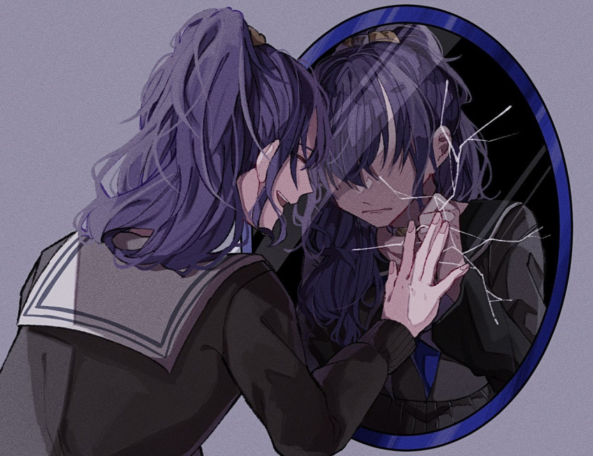 2girls asahina_mafuyu black_serafuku broken_mirror choker closed_eyes closed_mouth commentary crack cracked_glass different_reflection dual_persona film_grain grey_background hand_on_mirror high_ponytail long_hair long_sleeves mazui mirror miyamasuzaka_girls'_academy_school_uniform multiple_girls neckerchief no_eyes open_mouth ponytail project_sekai purple_hair reflection sailor_collar school_uniform serafuku simple_background smile solo symbolism upper_body