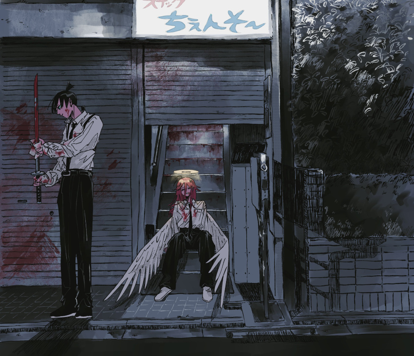 2boys absurdres angel angel_devil_(chainsaw_man) angel_wings black_hair black_jacket black_necktie black_pants blood blood_on_clothes blood_on_face blood_on_ground blood_on_wall blood_on_weapon brown_hair chainsaw_man chest_belt closed_eyes collared_shirt exhausted hair_between_eyes halftone_texture hayakawa_aki highres holding holding_sword holding_towel holding_weapon jacket katana kumanooppo long_hair looking_at_object multiple_boys necktie pants road shirt shirt_tucked_in short_hair sitting sitting_on_stairs stairs street sword topknot towel weapon white_shirt white_wings wings wiping_blood