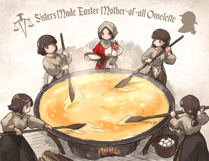 5girls apron balance_scale_print brown_eyes brown_hair bucket cooking egg fire food habit highres holding ironlily long_hair mid_neutral_sister_(ironlily) multiple_girls omelet ordo_mediare_sisters_(ironlily) single_braid_sister_(ironlily) skillet stove twin_braids_sister_(ironlily)