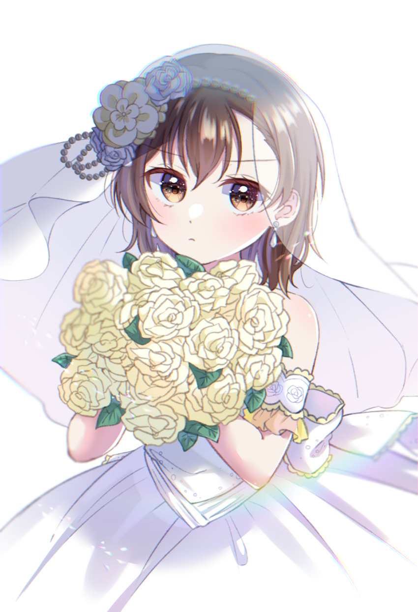 168_azusa 1girl absurdres bare_shoulders bouquet bridal_veil brown_eyes brown_hair closed_mouth commentary_request dress flower hair_flower hair_ornament highres holding holding_bouquet looking_at_viewer misaka_mikoto short_hair solo toaru_kagaku_no_railgun toaru_majutsu_no_index upper_body veil wedding_dress white_dress