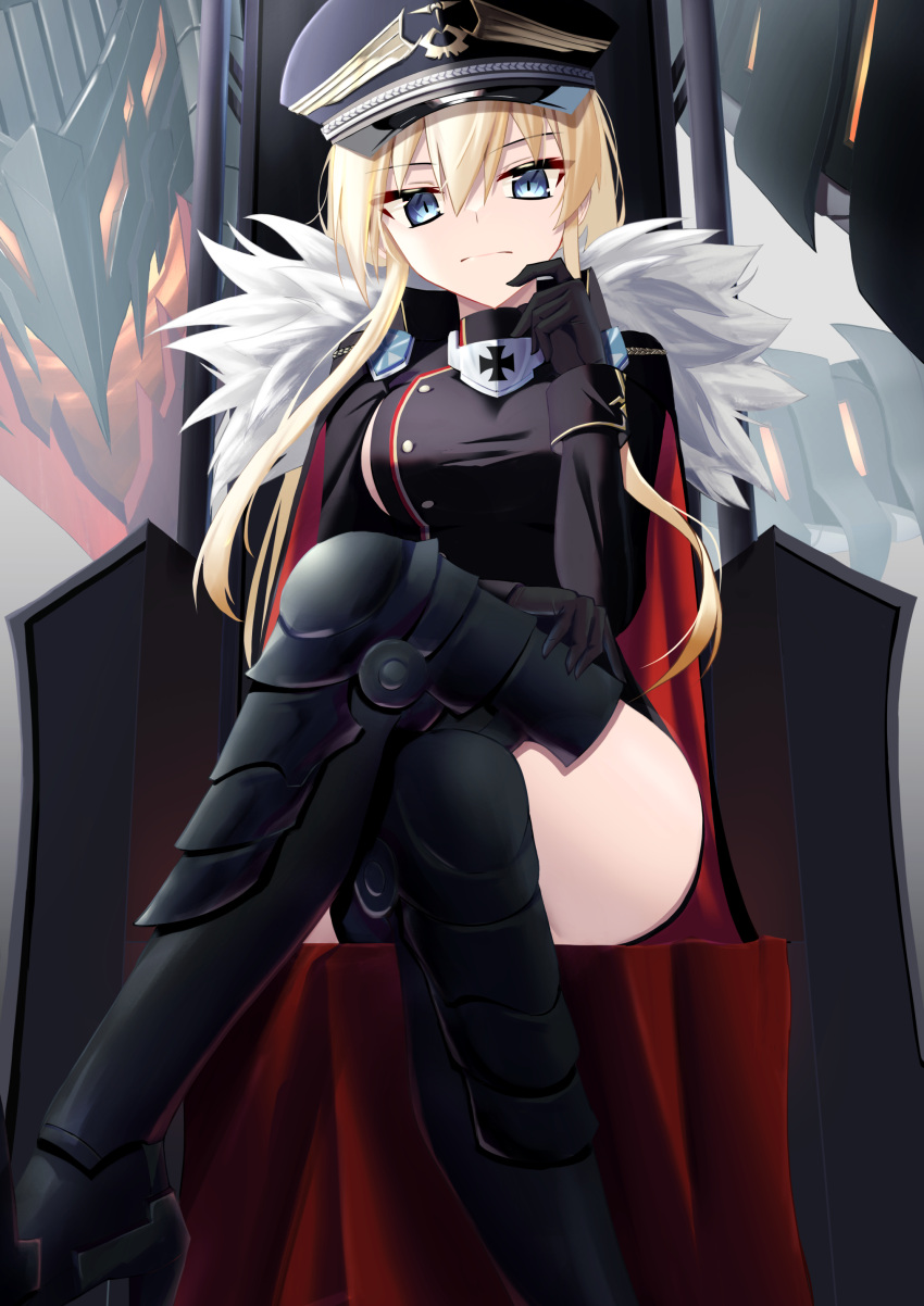 1girl absurdres armored_boots azur_lane bismarck_(azur_lane) bismarck_zwei_(azur_lane) black_cape black_gloves blonde_hair blue_eyes boots cape closed_mouth cross crossed_legs fur-trimmed_cape fur_trim gloves hair_between_eyes hat highres iron_cross jiseki_rena long_hair looking_at_viewer peaked_cap sidelocks sitting solo thighs throne