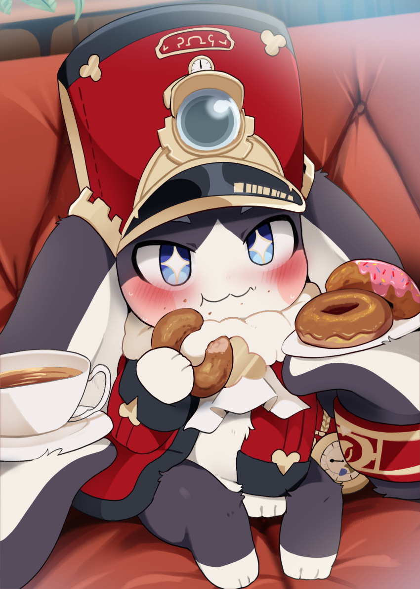 1other animal_ears arm_between_legs blue_eyes blush couch cup dagasi doughnut eating food full_body fur-trimmed_jacket fur_trim hat highres holding holding_food honkai:_star_rail honkai_(series) jacket looking_at_viewer lop_rabbit_ears plate pocket_watch pom-pom_(honkai:_star_rail) rabbit_ears red_headwear red_jacket shako_cap sitting smile solo star-shaped_pupils star_(symbol) symbol-shaped_pupils teacup two-tone_eyes watch wavy_mouth