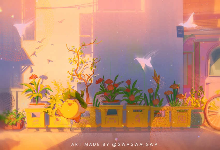 absurdres bicycle bird city cityscape creature flower gwagwagwa highres nature no_humans original pixiv_username plant planter potted_plant red_flower sapling scenery shadow watermark