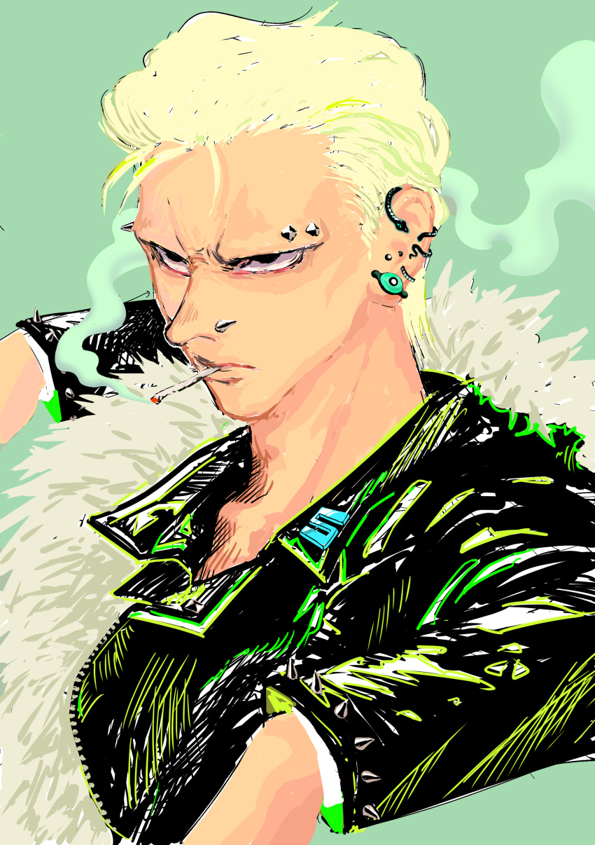 1boy absurdres alternate_costume black_eyes blonde_hair cigarette collarbone ear_piercing earrings eyebrow_piercing fur_trim gkkl7k44_hi green_background highres hunter_x_hunter jacket jewelry long_sleeves looking_at_another male_focus nose_piercing open_clothes open_jacket phinks_magcub piercing short_hair simple_background smoke smoking snake_earrings solo spiked_sleeves spikes upper_body