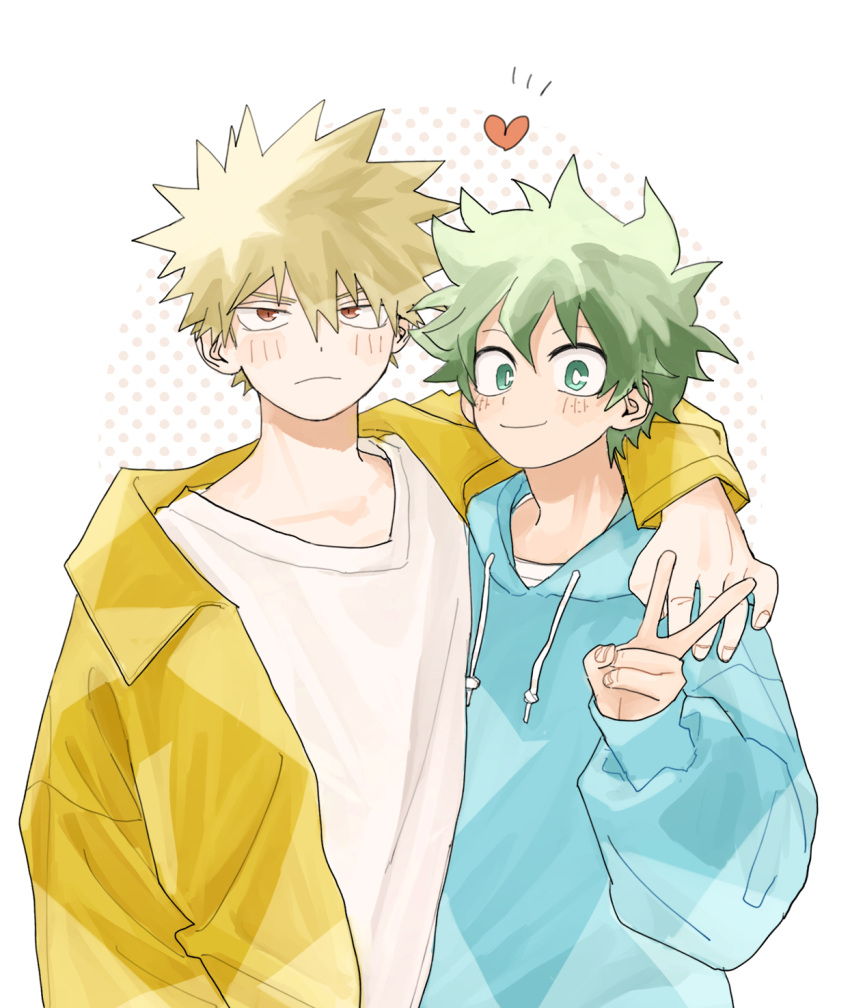 2boys alternate_costume bakugou_katsuki blonde_hair blue_hoodie blush boku_no_hero_academia bright_pupils brown_eyes commentary_request freckles frown green_eyes green_hair hair_between_eyes hand_on_another's_shoulder heart highres hkt26as hood hood_down hoodie jacket long_sleeves looking_at_viewer male_focus midoriya_izuku multiple_boys open_clothes open_jacket open_mouth shirt short_hair simple_background smile spiky_hair upper_body v white_background white_pupils white_shirt yellow_jacket