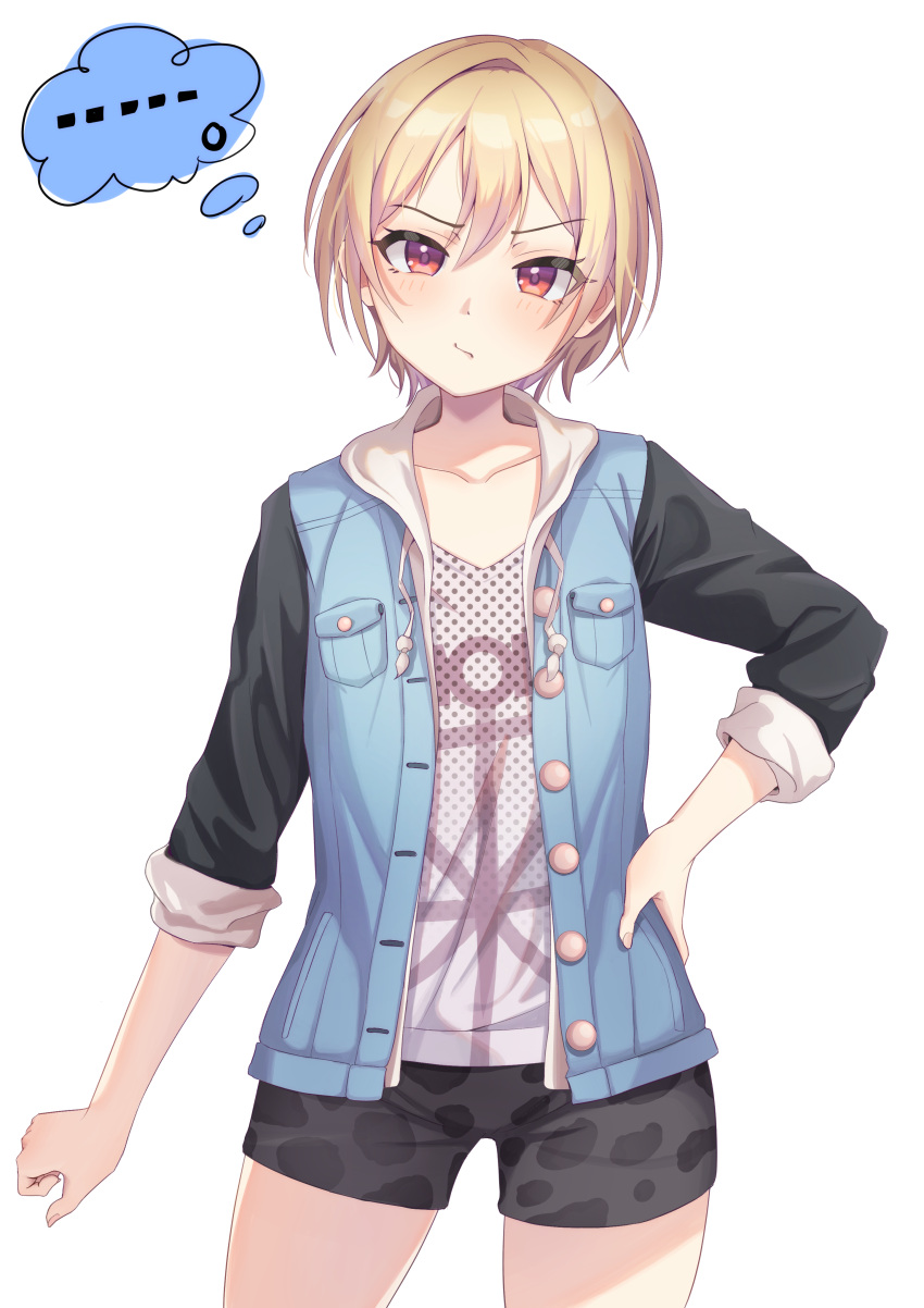 ... 1girl absurdres blonde_hair blush closed_mouth collarbone cowboy_shot eito12 grey_shorts hair_between_eyes hand_on_own_hip highres idolmaster idolmaster_shiny_colors jacket looking_at_viewer multicolored_clothes multicolored_jacket open_clothes open_jacket polka_dot polka_dot_shirt print_shirt print_shorts saijo_juri shirt short_hair shorts simple_background sleeves_rolled_up solo thought_bubble two-tone_jacket v-shaped_eyebrows violet_eyes white_background white_shirt
