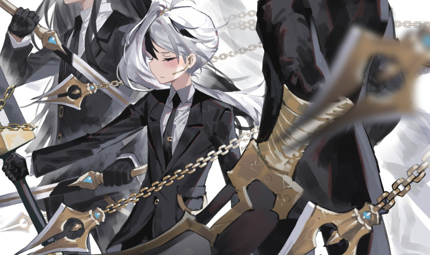 3boys ahoge black_gloves black_hair black_jacket black_necktie chain closed_eyes closed_mouth collared_shirt devy_lobotomy earpiece esther_(library_of_ruina) gloves highres holding holding_sword holding_weapon hubert_(library_of_ruina) jacket library_of_ruina long_hair microphone multicolored_hair multiple_boys necktie project_moon shirt side_ponytail streaked_hair sword tie_clip very_long_hair weapon white_hair white_shirt yan_vismok