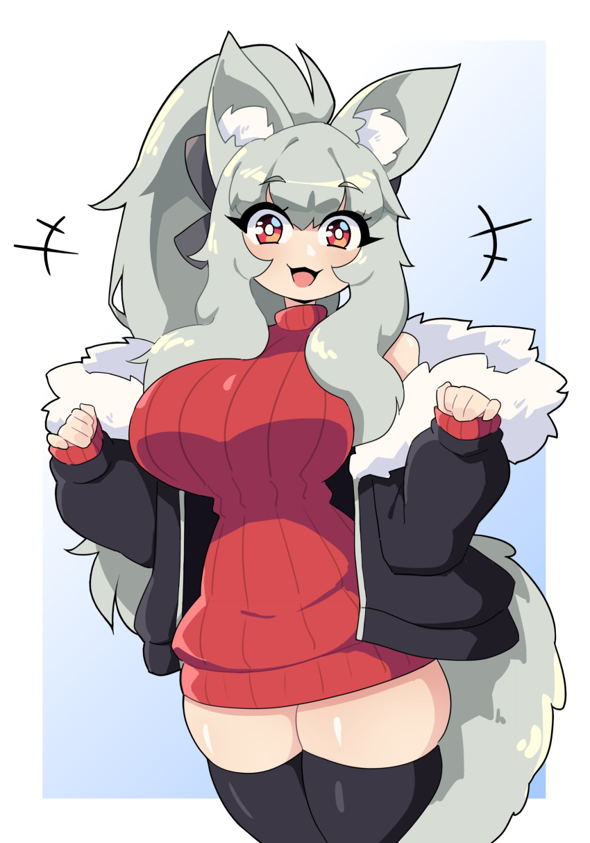 1girl absurdres animal_ear_fluff animal_ears black_thighhighs bow breasts bright_pupils commission daigada dress fox_ears fox_girl fox_tail fur_collar gradient_background grey_hair hair_bow high_ponytail highres jacket large_breasts long_hair narrow_waist open_clothes open_jacket open_mouth original red_eyes red_sweater sidelocks simple_background sleeves_past_wrists smile solo sweater sweater_dress tail thigh-highs turtleneck turtleneck_sweater very_long_hair zettai_ryouiki