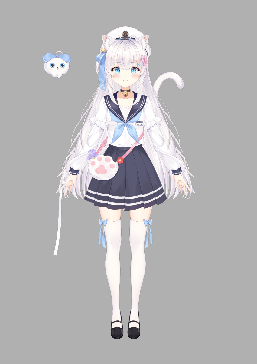 1girl 1other absurdres animal_ear_fluff animal_ears arms_at_sides bell beret black_footwear blue_bow blue_eyes blue_neckerchief blue_sailor_collar blue_skirt blush bow bow_legwear breast_pocket cat_ears cat_girl cat_tail closed_mouth fanny_pack full_body grey_background hair_bell hair_bow hair_ornament hat highres indie_virtual_youtuber long_hair long_sleeves mary_janes miniskirt neck_bell neckerchief official_art paw_print pink_bow pleated_skirt pocket sailor_collar school_uniform serafuku shoes sidelocks skirt smile tachi-e tail thigh-highs very_long_hair virtual_youtuber white_bag white_hair white_headwear white_serafuku white_tail white_thighhighs zaoling zettai_ryouiki