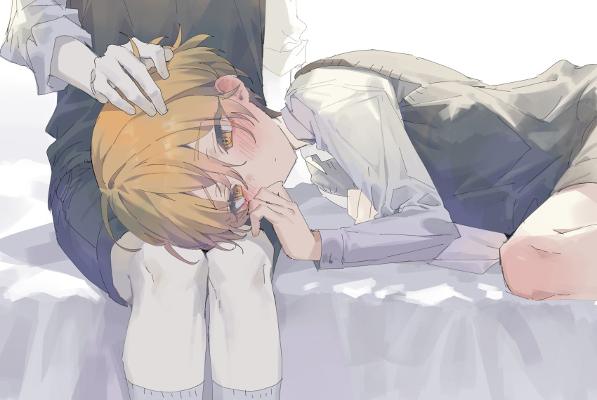 2boys bed_sheet black_shorts black_sweater_vest blonde_hair blush closed_mouth demian_(limbus_company) devy_lobotomy hand_on_another's_head highres lap_pillow limbus_company long_sleeves looking_down lying multiple_boys on_side pale_skin project_moon school_uniform shirt shorts sinclair_(limbus_company) sweater_vest white_shirt yellow_eyes