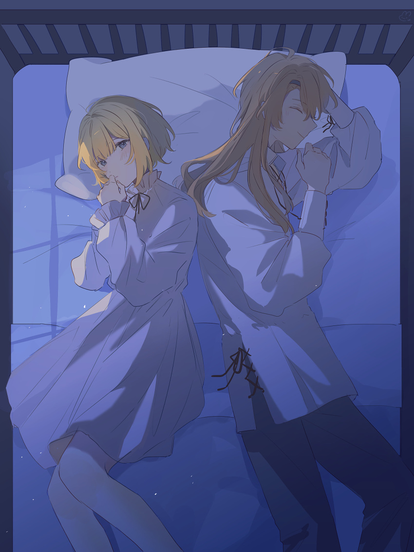 1boy 1girl absurdres bed black_footwear blonde_hair ceres_(shuuen_no_virche) closed_eyes closed_mouth commentary_request dress eyepatch facing_to_the_side grey_eyes highres leggings light_brown_hair long_sleeves lying on_side pillow shuuen_no_virche smile w047 white_dress white_leggings yves_(shuuen_no_virche)