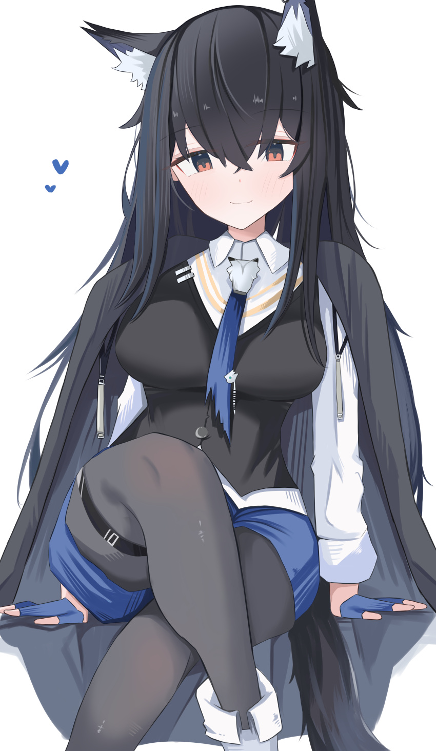 1girl absurdres animal_ear_fluff animal_ears arknights black_hair black_jacket black_pantyhose black_vest blue_gloves blue_necktie blue_shorts blush boots closed_mouth crossed_bangs crossed_legs dot_nose feet_out_of_frame fingerless_gloves gloves hair_between_eyes heart highres jacket jacket_on_shoulders layered_clothes long_hair long_sleeves looking_at_viewer necktie nui_(nuinui0300) open_clothes open_jacket pantyhose shirt short_shorts shorts sidelocks simple_background sitting sleeve_cuffs smile solo tail texas_(arknights) texas_the_omertosa_(arknights) thigh_strap variant_set vest white_background white_footwear white_shirt wolf_ears wolf_girl wolf_tail