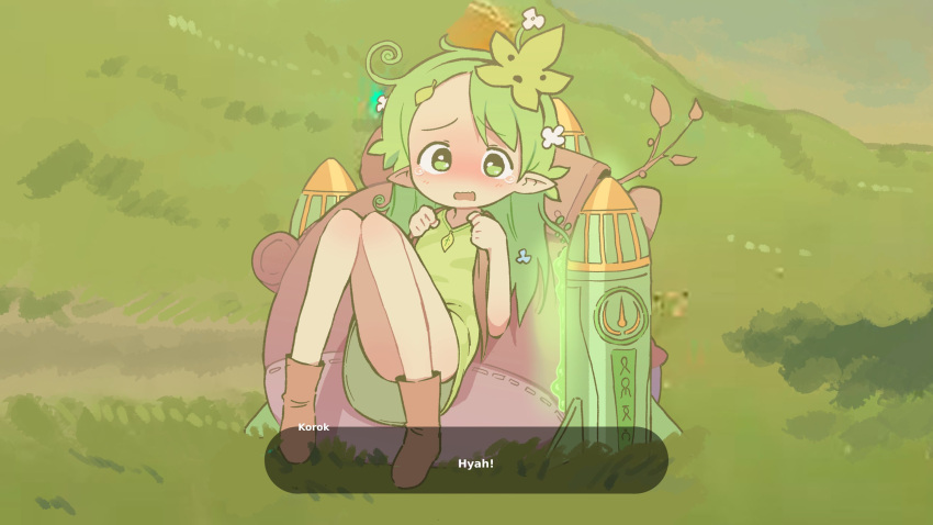 1girl acorn backpack bag boots brown_bag brown_footwear english_text flower full_body furrowed_brow glue green_shirt hair_flower hair_ornament highres holding_strap humanization knees_to_chest korok landscape leaf_hair_ornament looking_at_viewer mask mask_on_head on_grass orenji_(wholesomeorenji) outline pointy_ears rocket shirt solo speech_bubble tearing_up the_legend_of_zelda the_legend_of_zelda:_tears_of_the_kingdom thighs twig wavy_mouth
