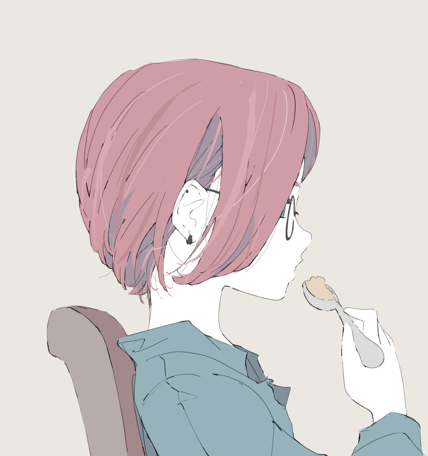 1girl absurdres black-framed_eyewear blue_eyes blue_shirt chair collared_shirt eating from_side glasses highres holding holding_spoon looking_ahead no_pupils nocopyrightgirl original pale_skin parted_bangs portrait profile redhead shirt short_hair sidelocks sitting solo spoon