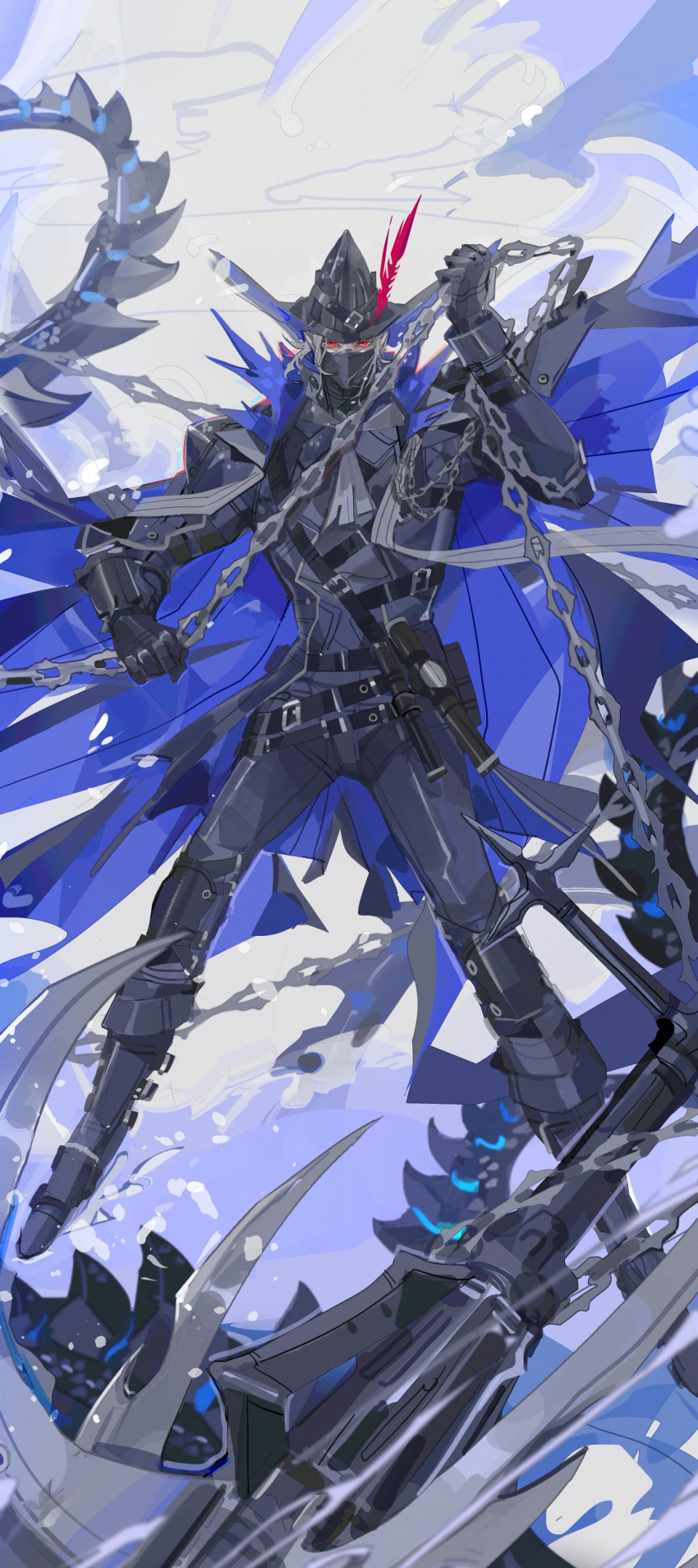 1boy absurdres anchor arknights black_footwear black_gloves black_headwear cape chain commentary english_commentary gloves grey_hair hat hat_feather high_collar highres holding holding_chain holding_weapon looking_at_viewer male_focus mask mouth_mask nslacka red_eyes solo ulpianus_(arknights) weapon