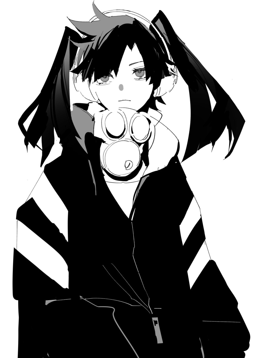 1girl closed_mouth enomoto_takane gas_mask greyscale headphones higashino highres jacket kagerou_project long_hair long_sleeves mask mask_around_neck monochrome simple_background sketch solo twintails upper_body