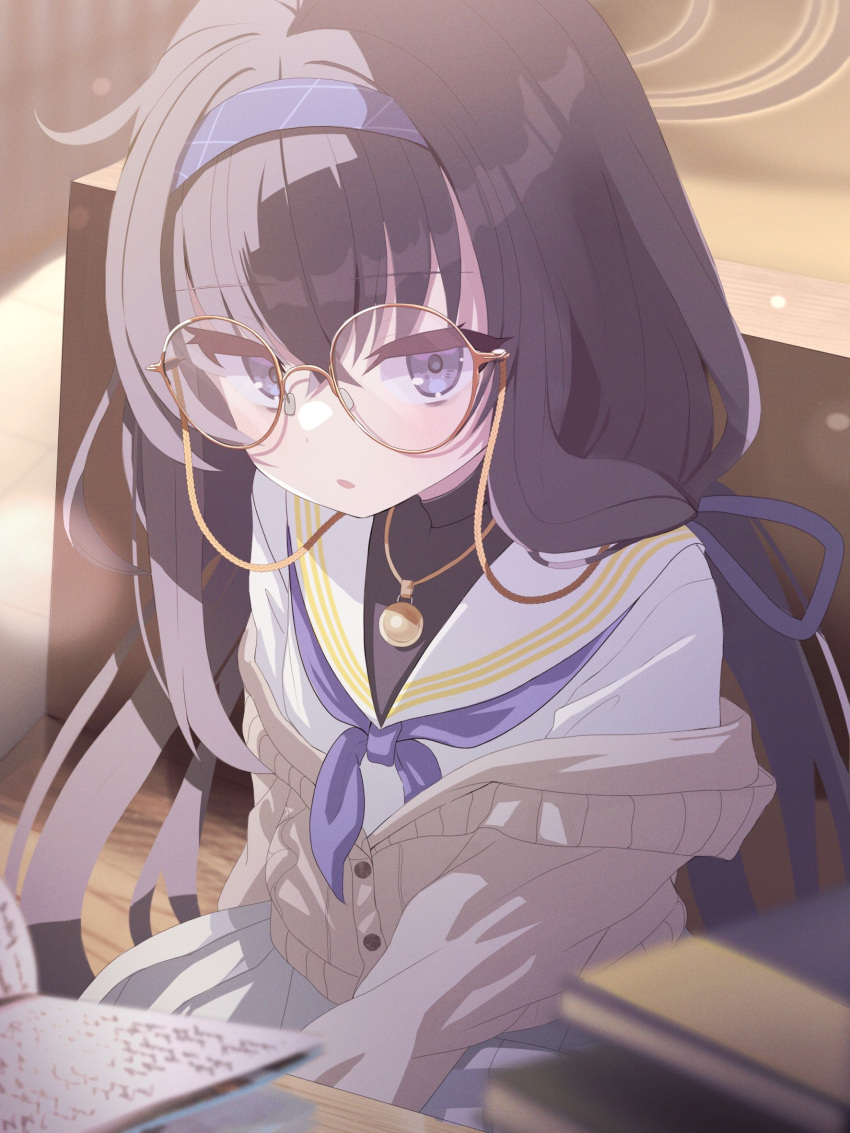 1girl :o akiyuki_nagi bags_under_eyes black_hair blue_archive blue_eyes blue_hairband blue_neckerchief book cardigan glasses hair_between_eyes hairband halo highres long_hair long_sleeves looking_at_viewer neckerchief sailor_collar school_uniform serafuku sitting solo twintails ui_(blue_archive) very_long_hair