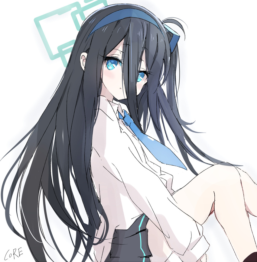 :o ahoge aris_(blue_archive) black_hair black_skirt blue_archive blue_eyes blue_hairband blue_necktie blush collared_shirt core_(mayomayo) feet_out_of_frame from_side green_halo hairband halo highres knees_together_feet_apart knees_up long_hair long_sleeves looking_at_viewer necktie one_side_up open_mouth pleated_skirt raised_eyebrows shirt sidelocks signature simple_background sitting skirt sleeve_cuffs straight_hair white_background white_shirt