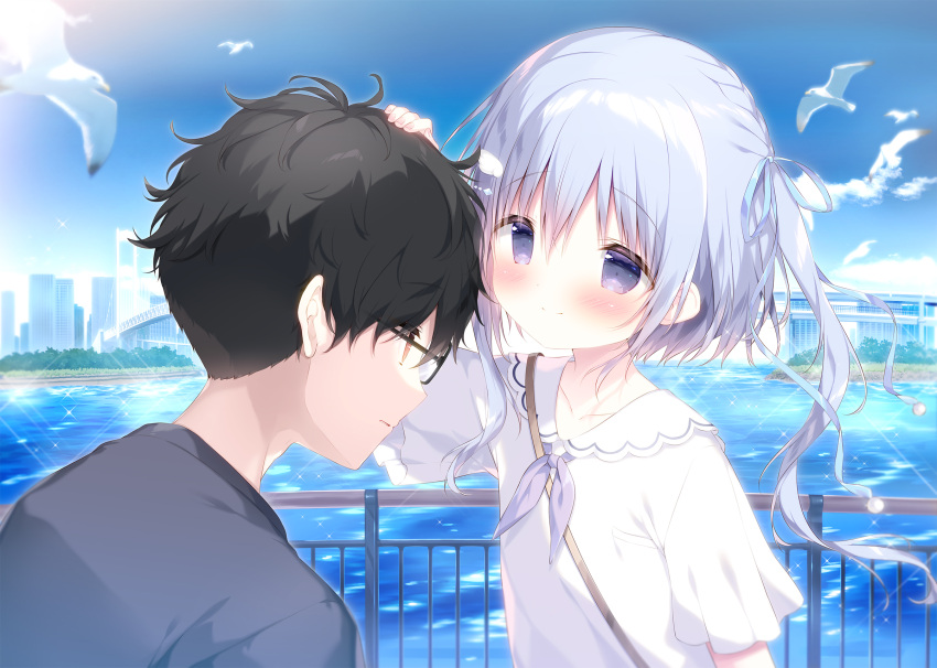 1boy 1girl animal arm_up bird black-framed_eyewear black_hair black_shirt blue_eyes blue_hair blue_ribbon blue_sky blush brown_eyes building closed_mouth clouds collared_shirt commentary day glasses hair_ribbon headpat highres long_hair original outdoors railing ribbon seagull shiratama_(shiratamaco) shirt short_sleeves sky smile symbol-only_commentary two_side_up water white_shirt