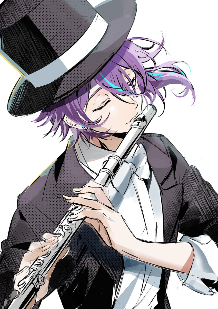 1boy aqua_hair bow bowtie closed_eyes earrings fingernails flute hair_between_eyes hat highres holding holding_instrument instrument iwatnc jewelry kamishiro_rui lapels long_sleeves male_focus playing_flute project_sekai purple_hair shirt short_hair sleeves_past_elbows sleeves_rolled_up solo top_hat white_background white_bow white_bowtie white_shirt