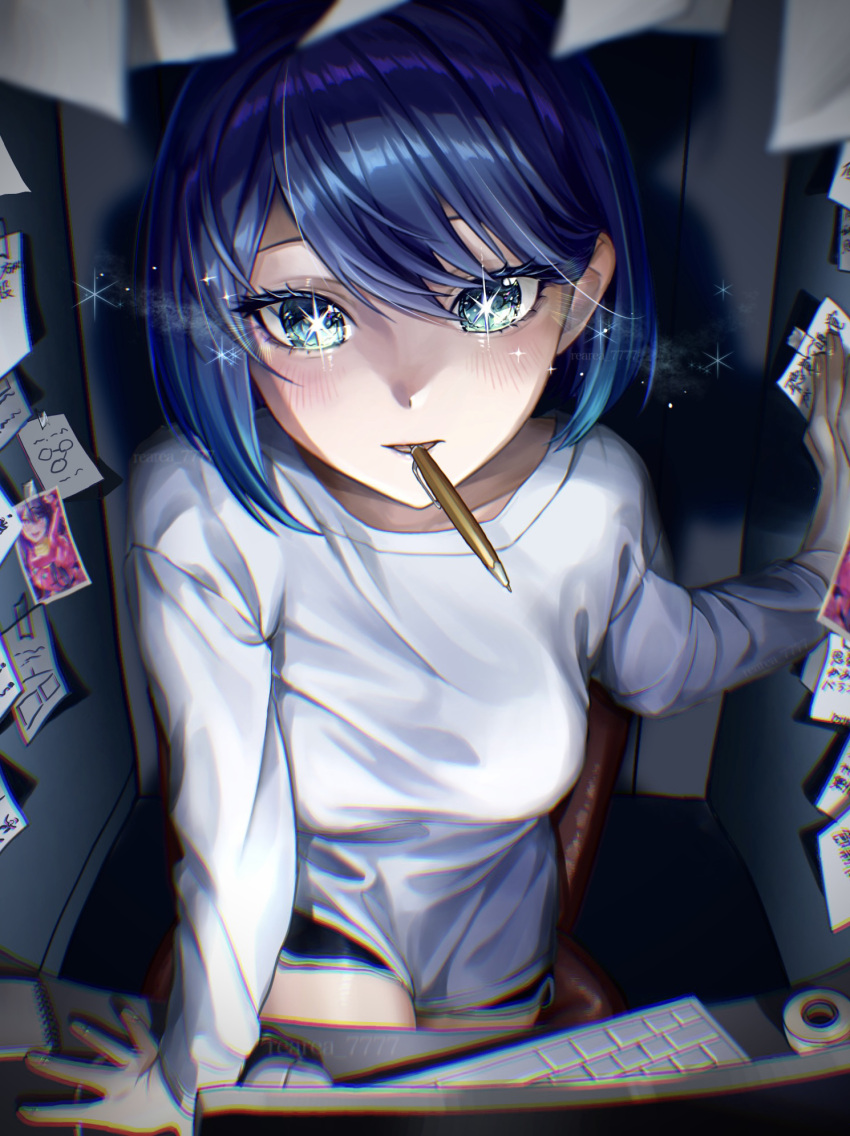1girl arm_support black_shirt blue_eyes blue_hair blurry blurry_foreground blush breasts chromatic_aberration collarbone commentary_request dolphin_shorts highres hoshino_ai_(oshi_no_ko) keyboard_(computer) kurokawa_akane light_particles long_sleeves looking_at_viewer mouth_hold oshi_no_ko pen_in_mouth photo_(object) shirt short_hair shorts solo sparkle spoilers star-shaped_pupils star_(symbol) swept_bangs symbol-shaped_pupils user_ntgr5835 white_shirt