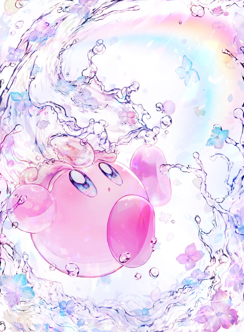 :o blue_eyes blue_flower falling falling_petals flower highres kirby kirby's_dream_land kirby_(series) metro_(metronome40310bis) no_humans open_mouth petals pink_flower rainbow water white_background