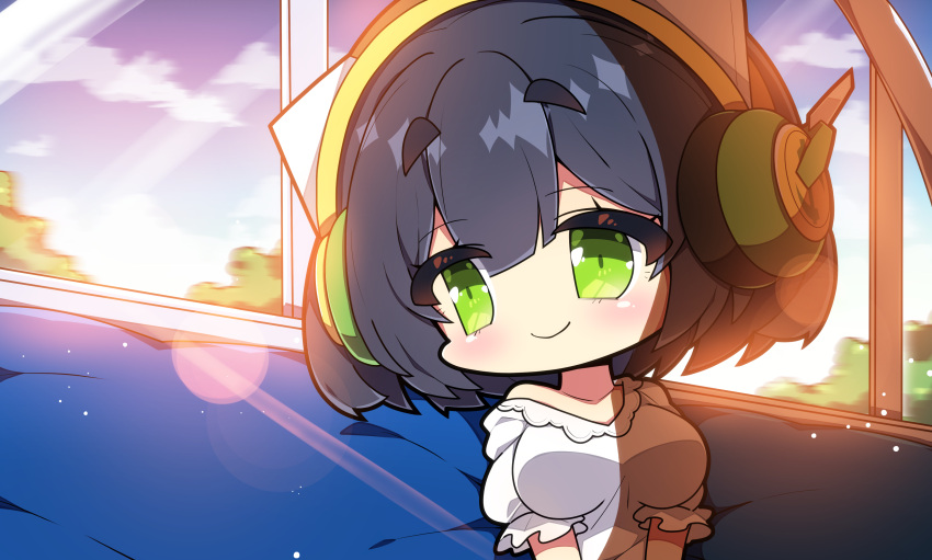 1girl absurdres black_hair blue_sky blush breasts chibi closed_mouth clouds commentary_request day green_eyes hair_between_eyes headphones highres kyoumachi_seika large_breasts looking_away looking_to_the_side milkpanda off_shoulder puffy_short_sleeves puffy_sleeves shirt short_sleeves sitting sky smile solo train_interior upper_body voiceroid white_shirt