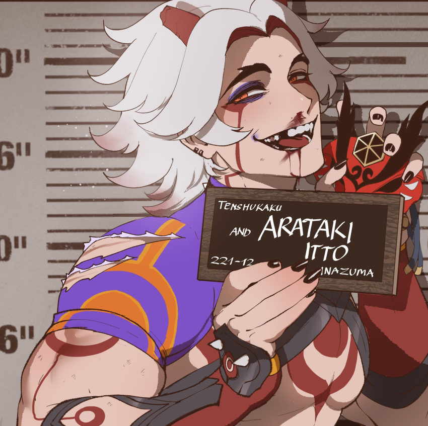 1boy arataki_itto beaten blood broken_horn bruise bruised_eye genshin_impact height_chart height_mark highres holding holding_sign horns injury japanese_clothes long_hair mask meme missing_tooth mugshot nosebleed nyantcha oni_horns open_mouth red_eyes sign white_hair