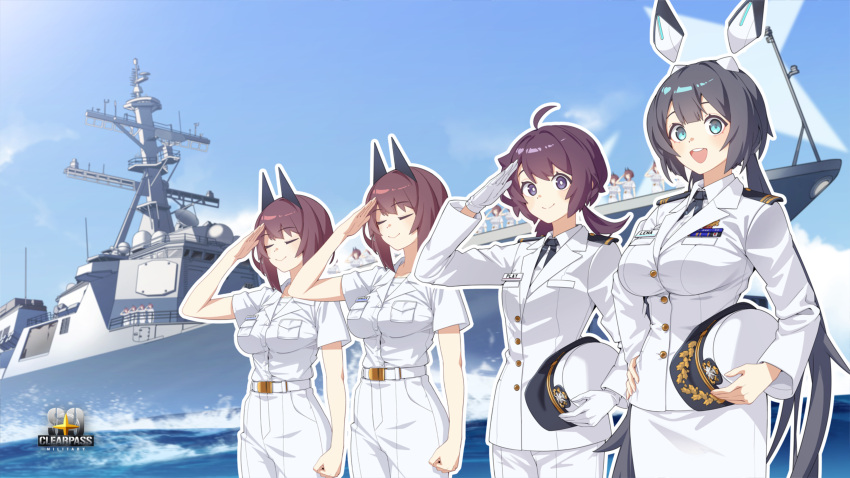 6+girls absurdres behalter blue_eyes blue_sky brown_hair closed_eyes commentary cowboy_shot day djmax djmax_respect english_commentary gloves hat headgear highres holding holding_clothes holding_hat korean_commentary long_hair looking_at_viewer military military_uniform military_vehicle mixed-language_commentary multiple_girls ocean official_art open_mouth outdoors purple_hair salute ship sky teeth uniform upper_teeth_only very_long_hair violet_eyes watercraft white_gloves
