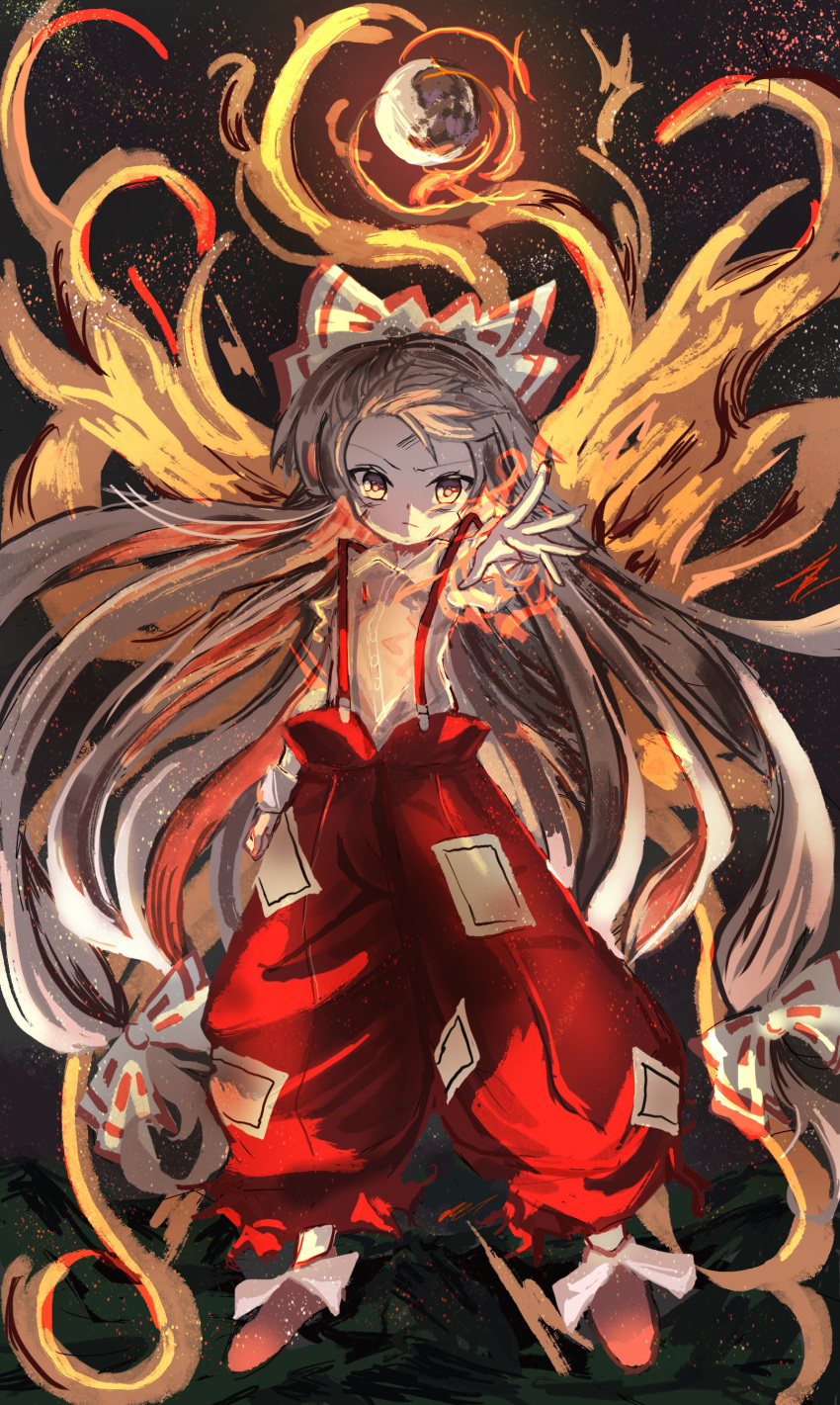 1girl absurdres baggy_pants bow casting_spell clenched_hand closed_mouth collared_shirt commentary dirty dirty_face embers fire floating_hair footwear_bow fujiwara_no_mokou full_body full_moon grey_hair grey_shirt hair_bow highres light_particles long_hair long_sleeves looking_at_viewer magic moon outstretched_arm pants reaching reaching_towards_viewer red_bow red_pants serious shirt shoes solo straight-on suspenders sutaku77224 touhou two-tone_bow very_long_hair white_bow yellow_eyes