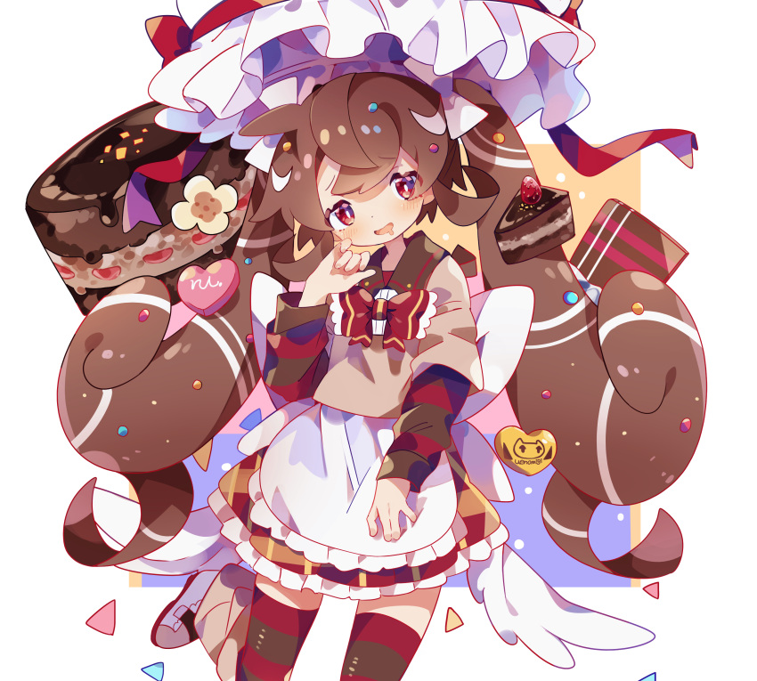 1girl :d \||/ absurdres apron artist_logo artist_name bow brown_hair brown_shirt brown_sleeves brown_thighhighs cake candy chocolate chocolate_bar chocolate_cake cowlick dress drooling food furrowed_brow hair_bow hand_on_own_cheek hand_on_own_face hand_up hat hat_bow hat_ribbon head_tilt heart highres layered_sleeves long_hair long_sleeves low_wings mouth_drool multicolored_bow multicolored_sleeves multicolored_thighhighs original personification pink_bow plaid plaid_skirt red_bow red_eyes red_sleeves red_thighhighs ribbon shirt simple_background skirt smile standing standing_on_one_leg striped striped_bow striped_thighhighs thigh-highs thighs triangle twintails uenomigi waist_apron white_background white_bow white_headwear wings yellow_bow