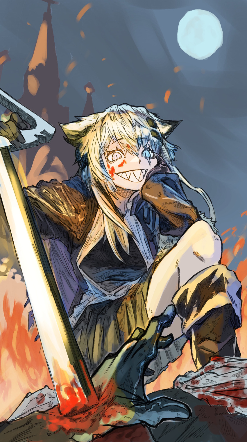 1girl :d animal_ears arknights black_gloves black_jacket black_skirt blood blood_on_clothes blood_on_face blood_on_weapon death evil_grin evil_smile fire full_moon gloves grey_eyes grey_hair grin hand_on_own_cheek hand_on_own_face highres holding holding_sword holding_weapon jacket lappland_(arknights) long_hair long_sleeves looking_at_viewer moon night night_sky outdoors rakugaki_shiho scar scar_across_eye sharp_teeth skirt sky smile solo sword teeth weapon wolf_ears wolf_girl
