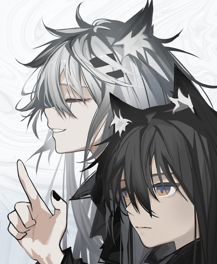 2girls :| absurdres animal_ear_fluff animal_ears arknights black_hair black_nails closed_eyes closed_mouth expressionless from_side grey_hair grin hair_between_eyes hair_ornament hairclip highres index_finger_raised lappland_(arknights) long_hair looking_ahead multiple_girls nail_polish open_mouth orange_eyes portrait senkane sidelocks simple_background smile teeth texas_(arknights) white_background wolf_ears wolf_girl