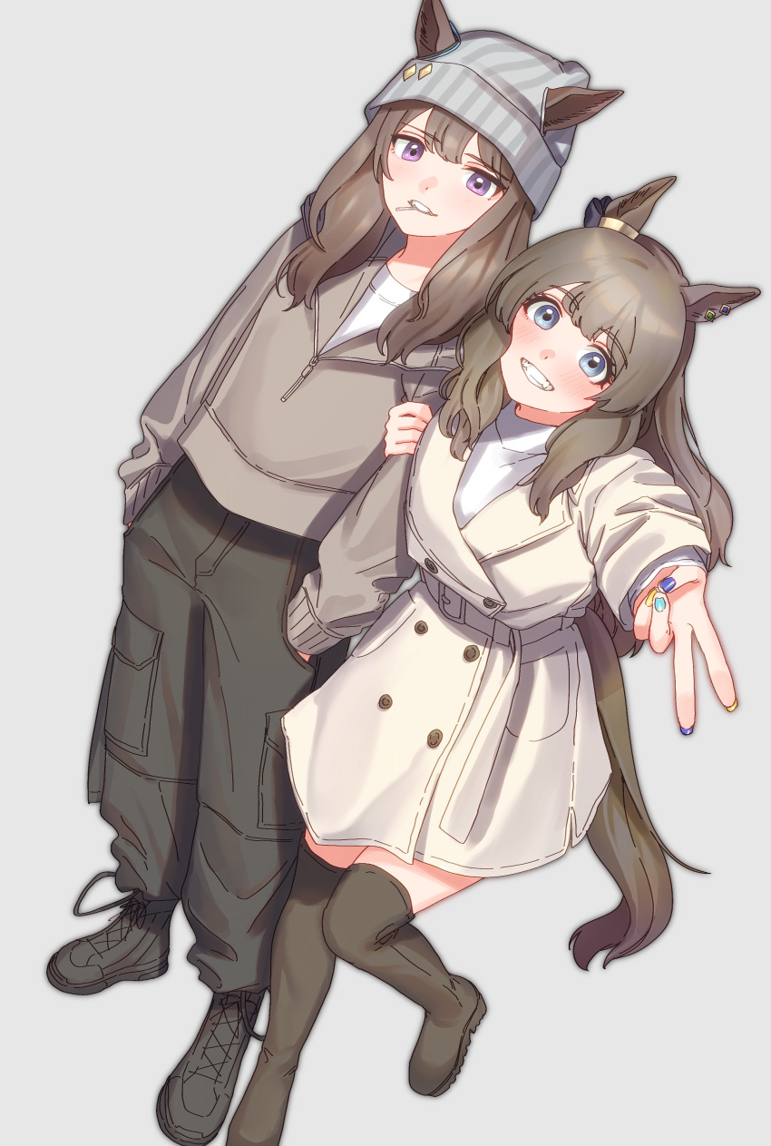 2girls absurdres alternate_costume animal_ears arm_hug beanie black_footwear black_pants blue_eyes blush boots brown_coat brown_hair brown_hoodie buttons candy coat double-breasted ears_through_headwear food grey_background grey_headwear grin gyaru_v hair_down hands_in_pockets hat highres hood hoodie horse_ears horse_girl horse_tail lollipop long_hair long_sleeves looking_at_viewer multiple_girls nakayama_festa_(umamusume) outstretched_arm pants reaching reaching_towards_viewer shirt simple_background smile standing standing_on_one_leg tail tamayume thigh_boots tosen_jordan_(umamusume) umamusume v violet_eyes white_shirt