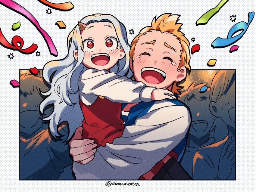 1boy 1girl artist_name blonde_hair blush boku_no_hero_academia commentary crying eri_(boku_no_hero_academia) female_child highres horns long_hair nns146 open_mouth overalls red_eyes red_overalls shirt short_hair silhouette single_horn streamers symbol-only_commentary teeth togata_mirio upper_teeth_only white_hair white_shirt