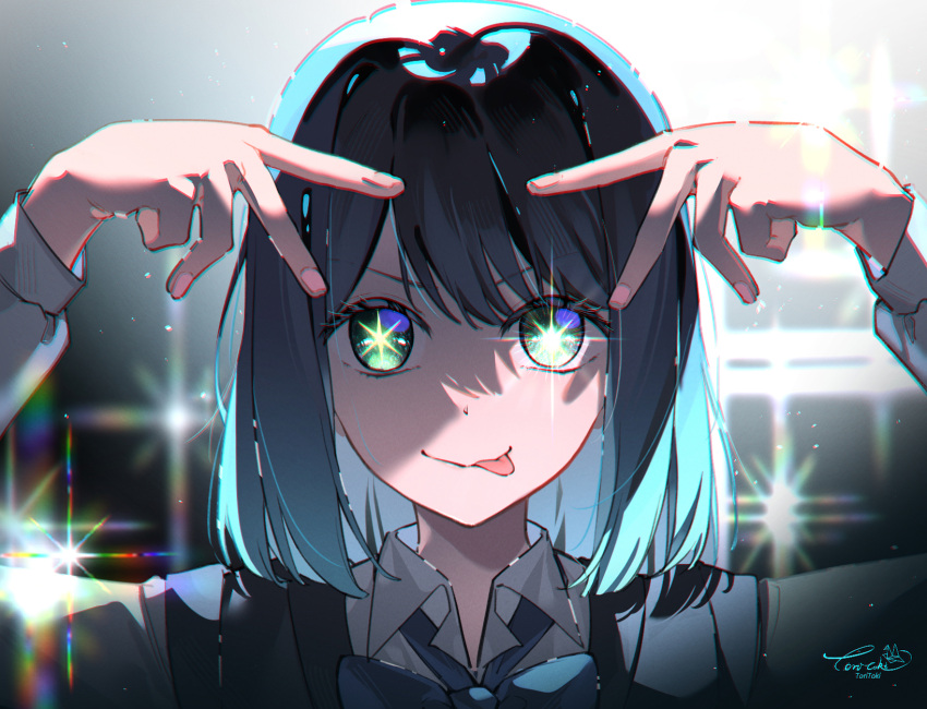 1girl black_vest blue_bow blue_bowtie blue_hair bow bowtie chromatic_aberration closed_mouth collared_shirt commentary_request double_v gradient_hair green_eyes highres hoshino_ai's_pose kurokawa_akane light_blue_hair light_particles long_sleeves looking_at_viewer multicolored_hair oshi_no_ko partial_commentary portrait pose_imitation shirt signature solo sparkle star-shaped_pupils star_(symbol) swept_bangs symbol-shaped_pupils tongue tongue_out toritoki_(1301237579) v vest white_shirt
