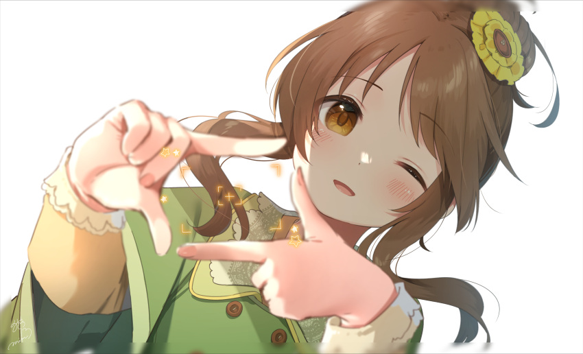 1girl ;d blush brown_hair cape dutch_angle finger_frame green_cape highres idolmaster idolmaster_cinderella_girls looking_at_viewer nekonomimi one_eye_closed shirt sidelocks simple_background smile solo takamori_aiko upper_body viewfinder white_background yellow_shirt