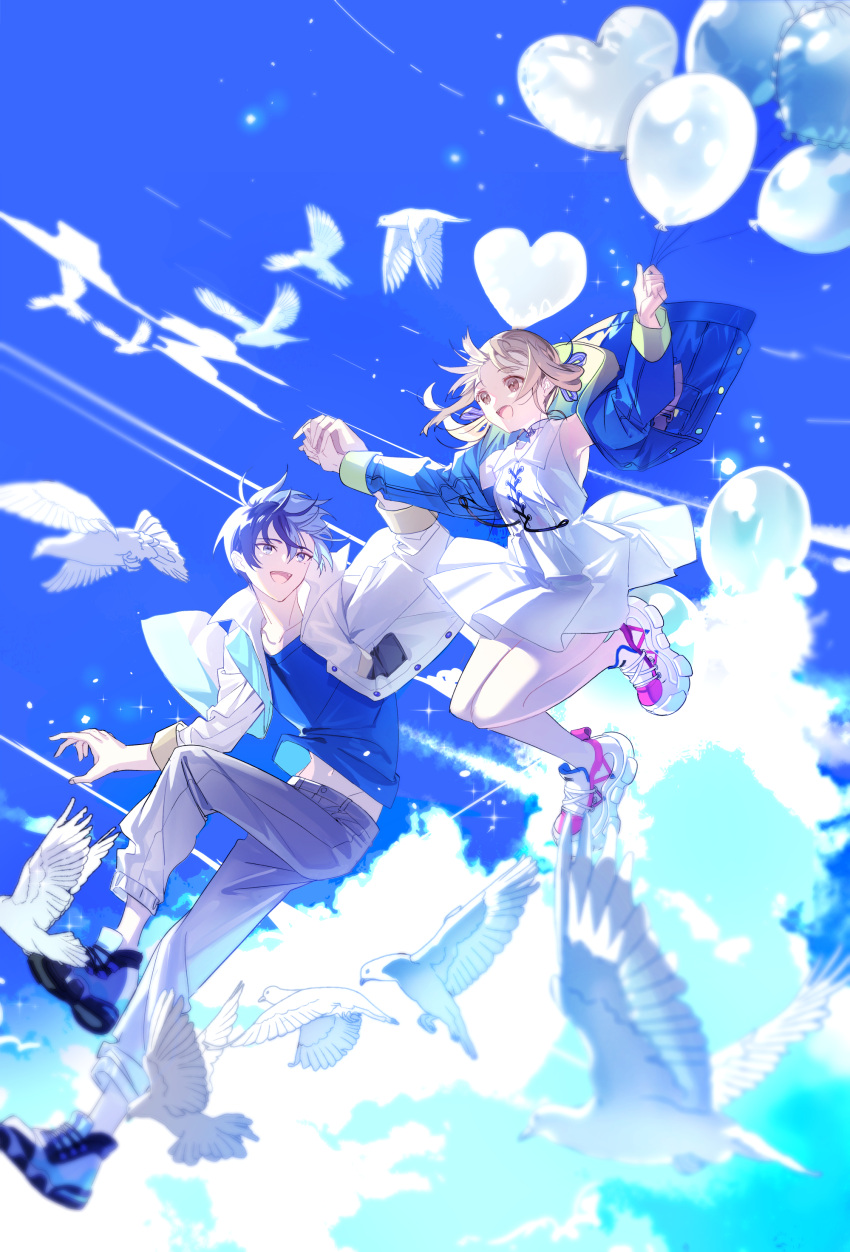 1boy 1girl absurdres aoyagi_touya azusawa_kohane balloon bird blonde_hair blue_hair blue_shirt brown_eyes buttons clouds collared_shirt commentary dark_blue_hair dress full_body grey_eyes heart_balloon highres holding holding_balloon holding_hands hood hood_down jacket legend_still_vivid_(project_sekai) long_sleeves midriff_peek mole mole_under_eye mona0101 multicolored_hair open_clothes open_jacket open_mouth pocket project_sekai shirt short_hair sleeves_past_elbows twintails two-tone_hair white_dress