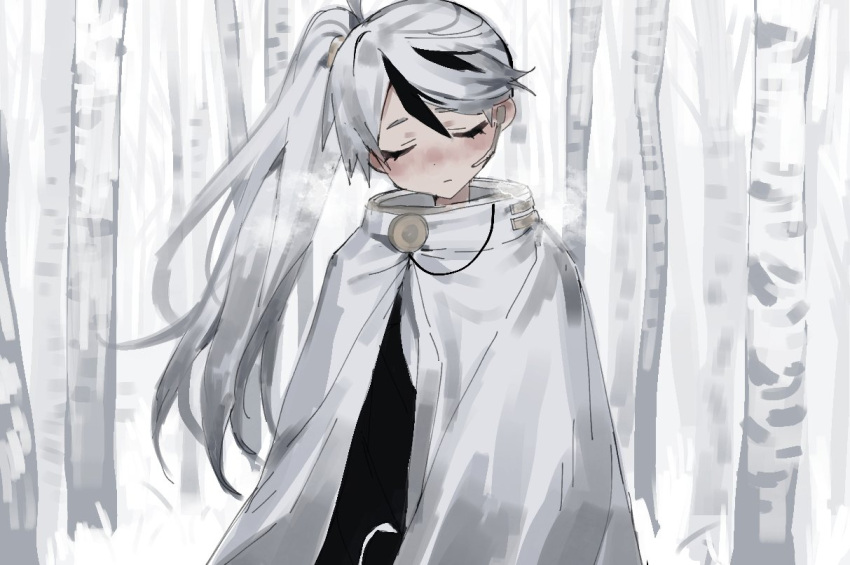 1boy ahoge birch black_jacket cape closed_eyes closed_mouth devy_lobotomy earpiece forest jacket library_of_ruina long_hair microphone multicolored_hair nature project_moon side_ponytail solo streaked_hair upper_body very_long_hair white_background white_cape white_hair yan_vismok